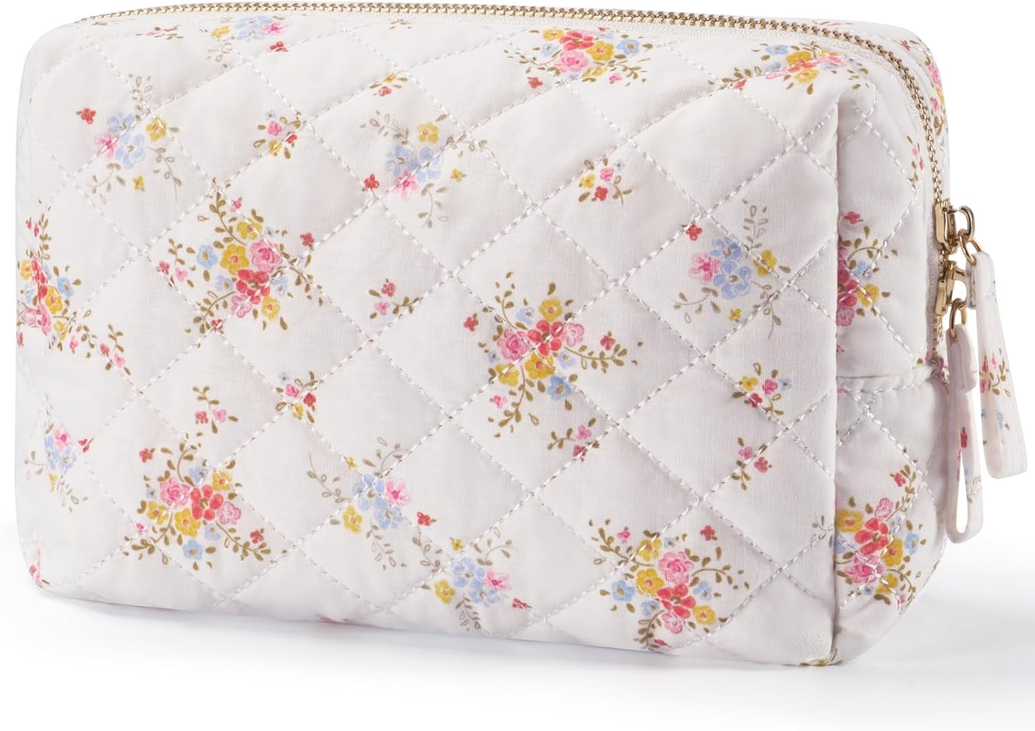 Medium Makeup Bag Floral Cotton Quilted Cosmetic Travel Bag for Women Cute White Flower Coquette Toiltry Bag Aesthetic Compact Makeup Pouch for Traveling Essentials