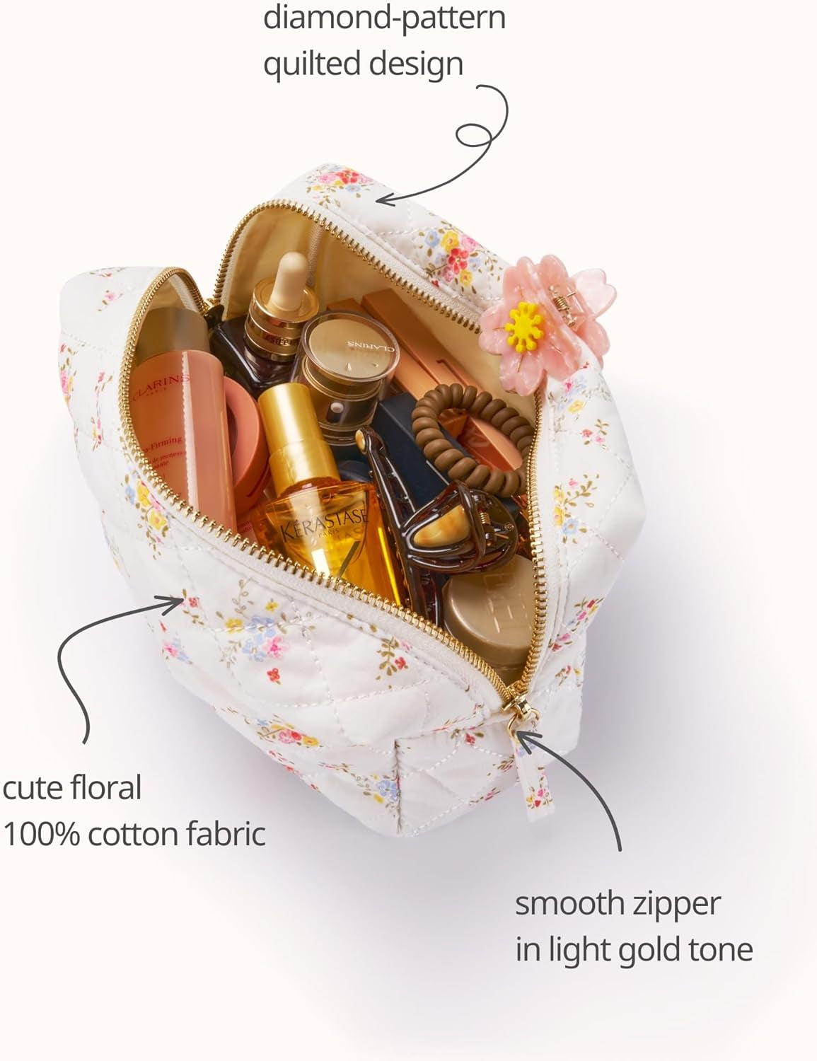 Medium Makeup Bag Floral Cotton Quilted Cosmetic Travel Bag for Women Cute White Flower Coquette Toiltry Bag Aesthetic Compact Makeup Pouch for Traveling Essentials