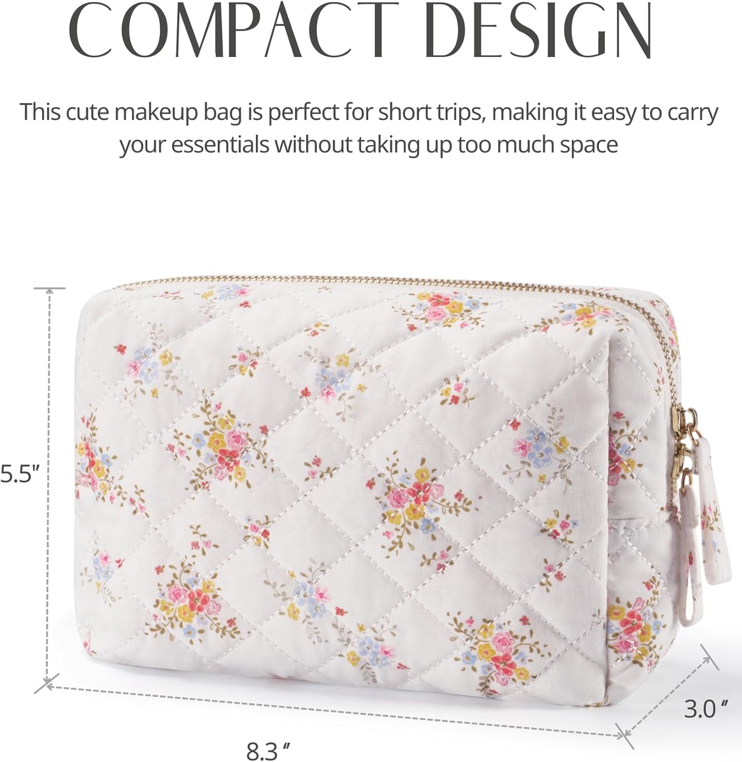 Medium Makeup Bag Floral Cotton Quilted Cosmetic Travel Bag for Women Cute White Flower Coquette Toiltry Bag Aesthetic Compact Makeup Pouch for Traveling Essentials