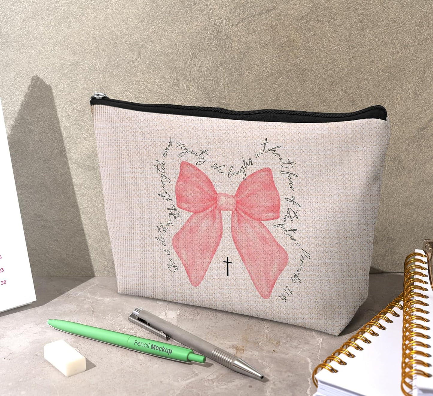 Christian Gifts for Women, Pink Christian Makeup Bag, Pink Coquette Bow Bible Verse Scripture Cosmetic Bags Zipper Pouch for Women, Religious Gifts for Christian Woman, Pink Makeup Pouch